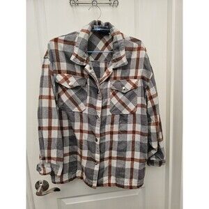 HFX Womens XL Plaid Flannel Shacket Shirt Jacket Snap Front Grey Orange Rust